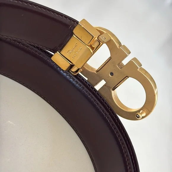 Salvatore Ferragamo Gold Dark Brown Leather Gancini Belt size 40”